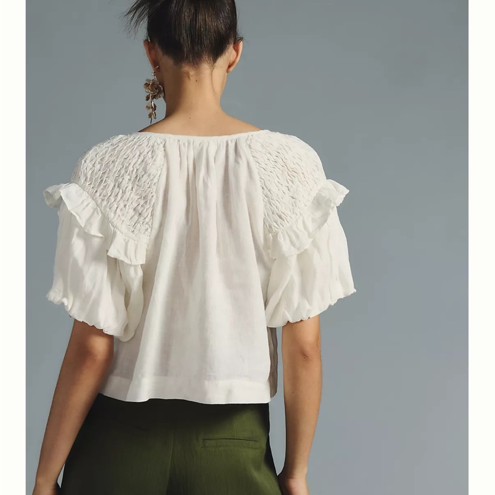 Anthropologie Self Contrast Smocked Linen Blouse - Picture 2 of 8